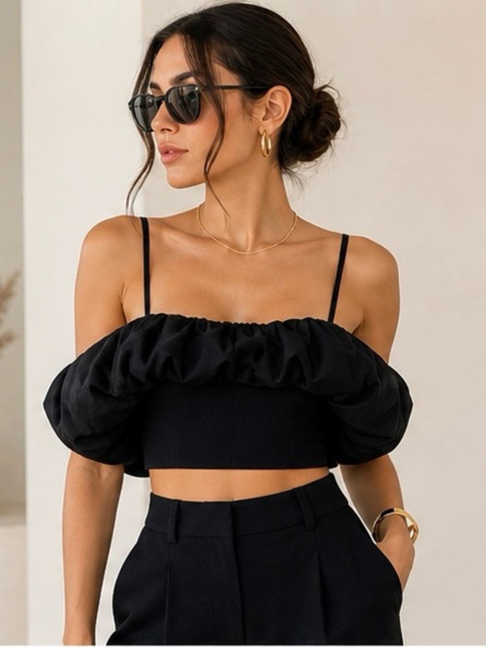 1. State Black Puff Sleeve Crop Top with Spaghetti Straps